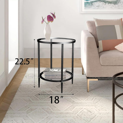 2 Tier Round Side Table, Black End Table with Glass Top, Modern Metal Clear Coffee Table，Small Accent Table for Living Room, Bedroom, 18" x 18" x 24"