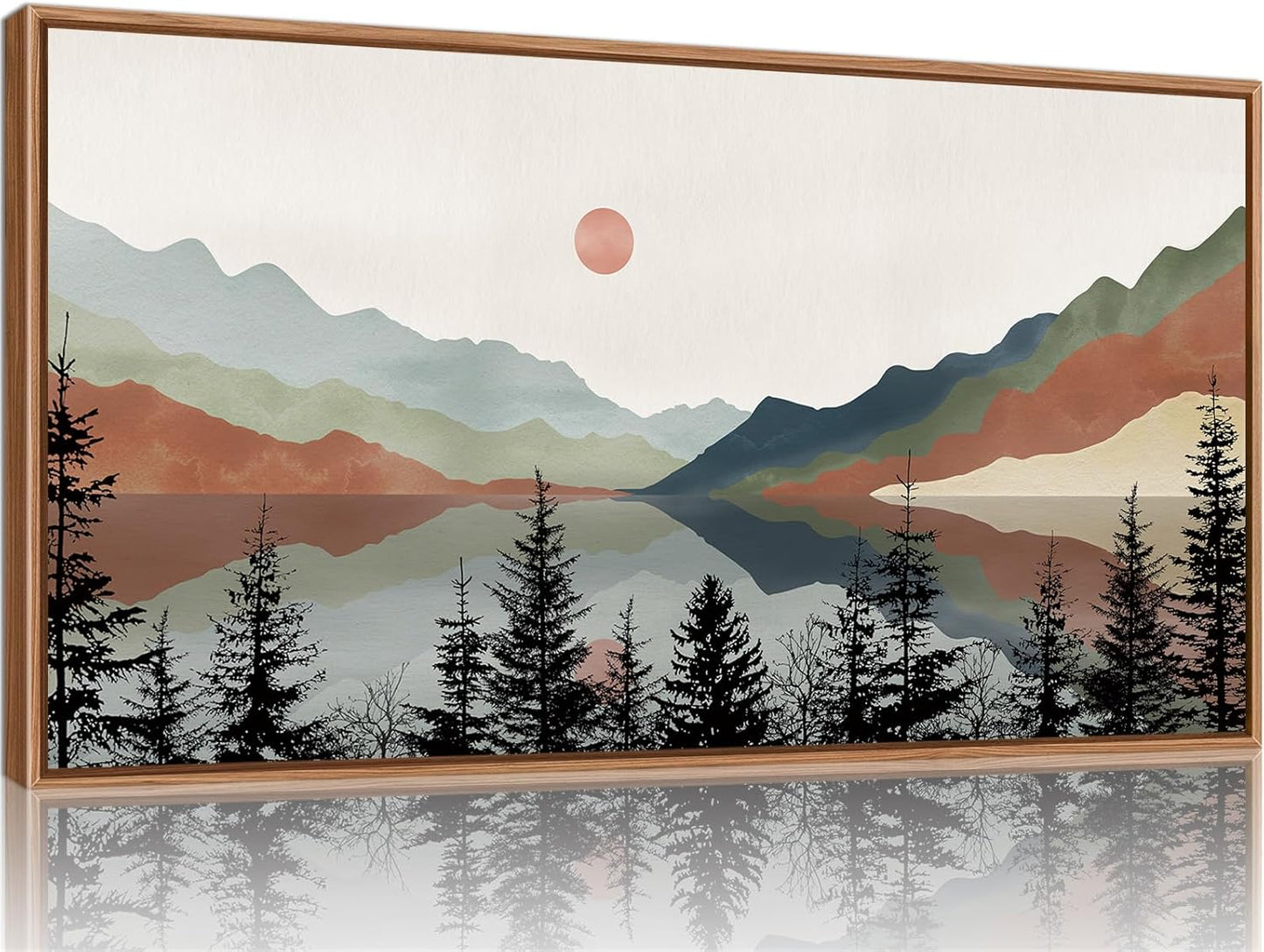 Tinonedraw Boho Mountain Framed Canvas Wall Art Set, Watercolor Nature Landscape Wall Decor, Neutral Modern Sunrise Artwork, Black Pine Trees Forest Art Prints for Living Room Bedroom Office 20"x40"