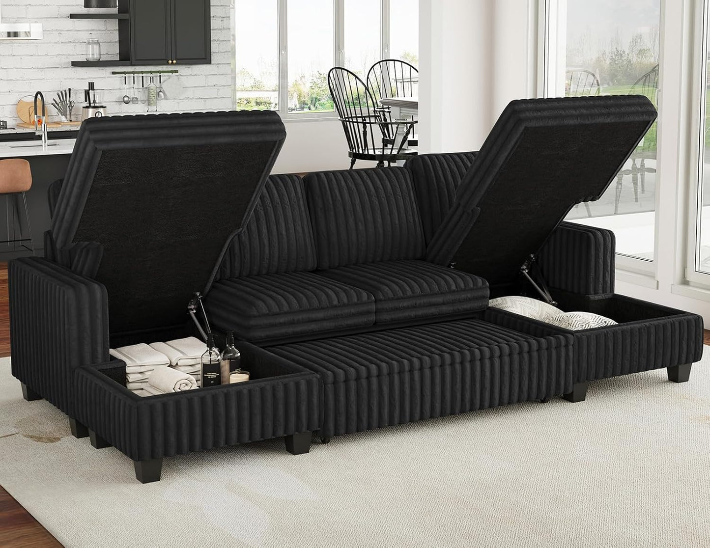 Belffin Modular Sectional Sleeper Sofa with Pull Out Couch Bed Corduroy Double Chaise with Storage Black Couch