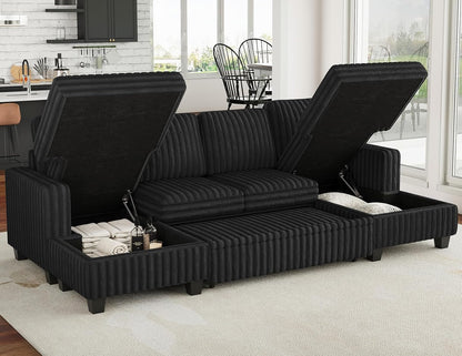 Belffin Modular Sectional Sleeper Sofa with Pull Out Couch Bed Corduroy Double Chaise with Storage Black Couch