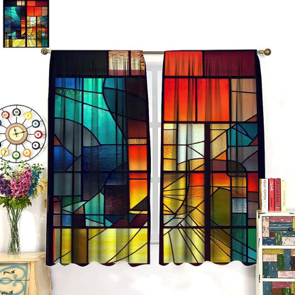 Stained Glass Curtains,Retro Abstract Colorful Geometry Textures Art Home Decor Drapes for Bedroom Living Room Kitchen Window Treatment 2 Panels Set Total Size 63" W X 72" L Inch