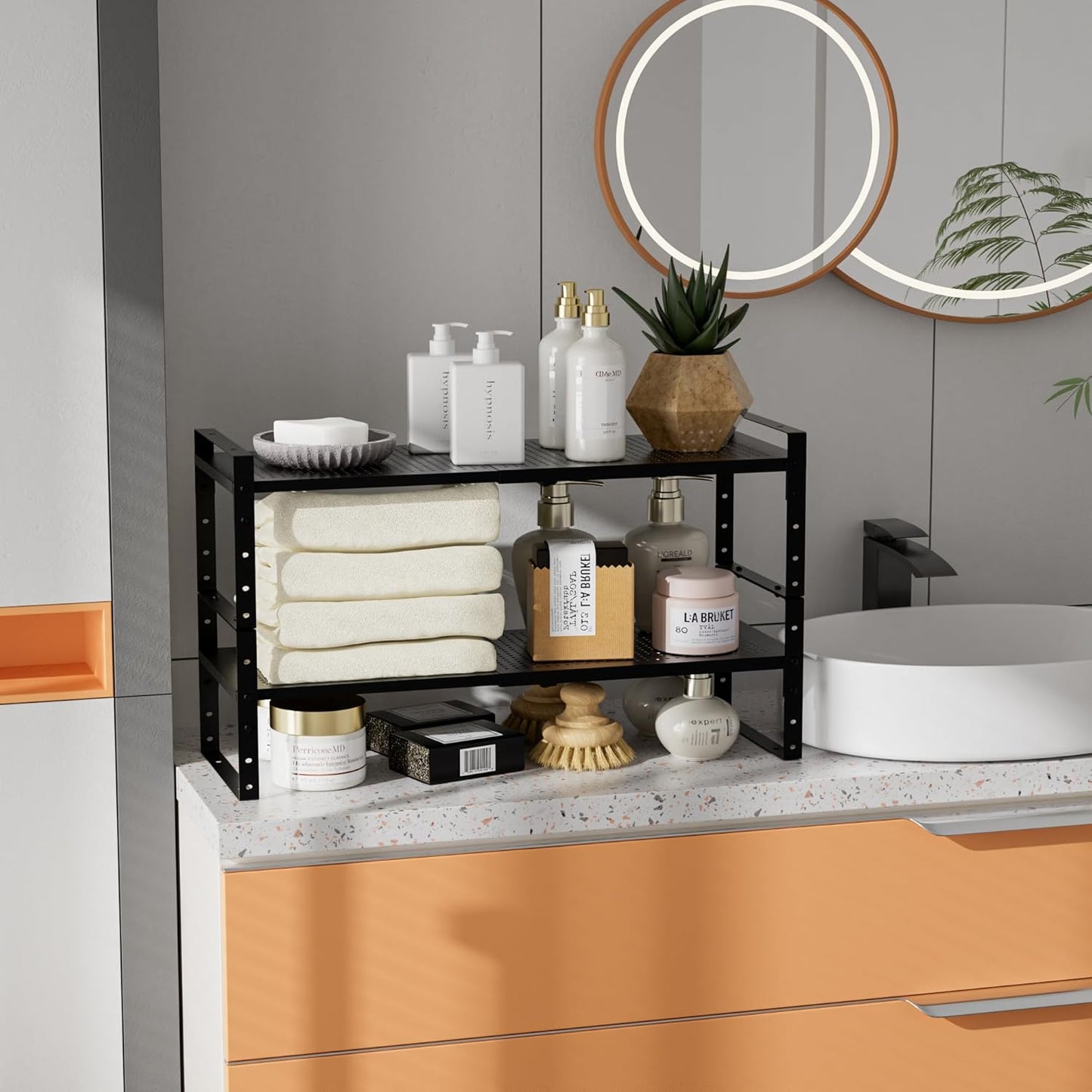 Expandable,Adjustable & Stackable Spice Rack, Cabinet Kitchen Countertop Shelf Organizer,Metal Pantry Storage Shelves - Space-Saving Storage Solution(1Pack/Black/Medium)