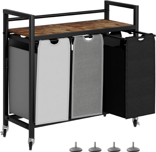 Laundry Hamper, Laundry Basket, Laundry Sorter with 3 Removable Bags, Clothes Basket with 3 Compartments, Wheels, Shelf for Laundry Room Bathroom Bedroom (3 Bags-Black Grey White)