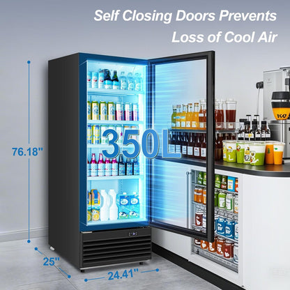 Tylza Commercial Refrigerator with Glass Door Display Beverage Fridge, 350L Upright Beverage Cooler Merchandiser with Rebound Door, Fast Cooling, Low Noise, Black