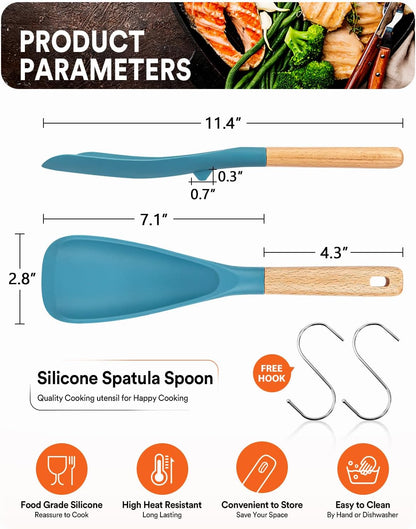 Cooking Spoon for Nonstick Cookwares, Great for Cooking and Serving Sturdy BPA-Free Matte Silicone, Wood Handle Spoon for Mixing, Scoop, and Scrape (Khaki & Turquoise, 11.4 inch)