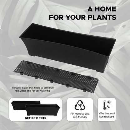 Elly Décor Set of 2 24x8 Rectangular Modern, Resistant and Self Watering Planter with Rattan-Like Finish, 24", Gray