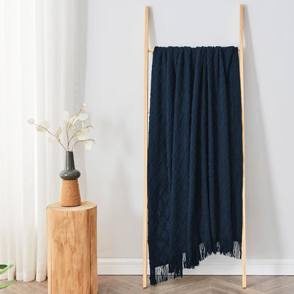 inhand Knitted Throw Blankets for Couch and Bed, Soft Cozy Knit Blanket with Tassel, Dark Blue Lightweight Decorative Blankets and Throws, Farmhouse Warm Woven Blanket for Men and Women, 50"x60"