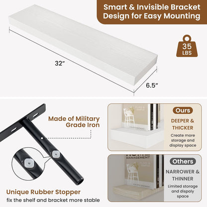 fuqing Floating Shelves for Wall, Bathroom Shelf Wall Mounted for Storage, Shelves with Invisible Bracket for Bedroom, Kitchen, Living Room, Farmhouse Small Book Shelf, 32 Inch Set of 2, White