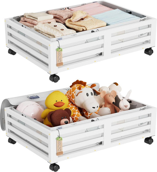 Under Bed Storage with Wheels-Large Bamboo Underbed storage Containers with Large Dust Bag Stackable Under the Bed Shoe Storage Bins for Clothes Books Bedding (2 Packs White, 23.62"L×16.54"W× 6.51"H)