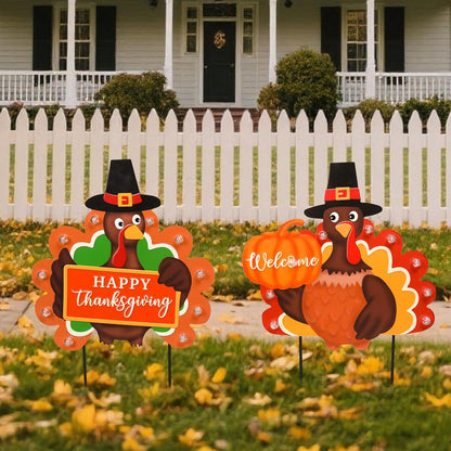 2 PCS Fall Decorations Outdoor Metal Happy Thanksgiving Decorative Garden Stakes with Led Light Welcome Pumpkin Turkey Yard Signs Fall Harvest Lawn Garden Lawn Pathway Decor