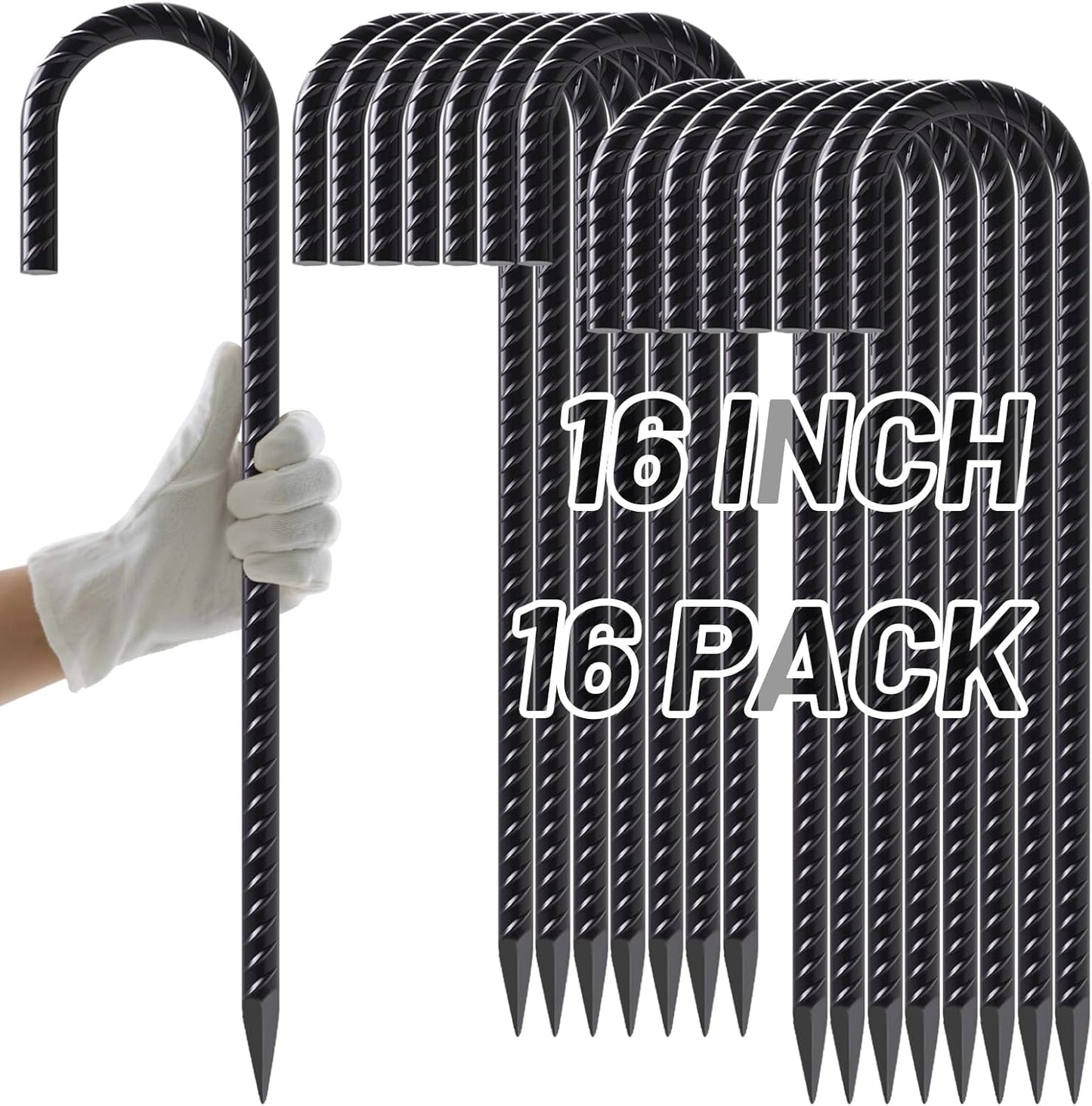 AAGUT 16 Inch Rebar Stakes 3/8" J Hook (16pcs) Heavy Duty Steel Ground Anchors Tent Stakes Ground Stakes with Chisel Point End for Chain Link Fence, Black