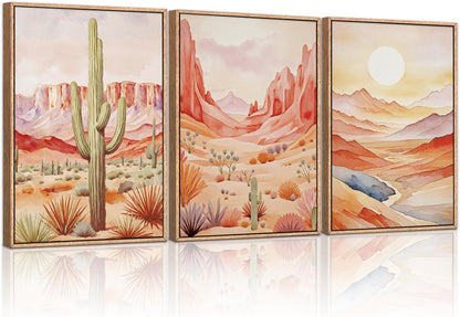 HLNIUC Boho Desert Plant Framed Canvas Wall Art Set,Southwestern Sun Mountain Wall Decor,Cactus Sunset Landscape Wall Painting,Watercolor Abstract Desert Art Prints for Living Room,Bedroom - 16”x24”x3