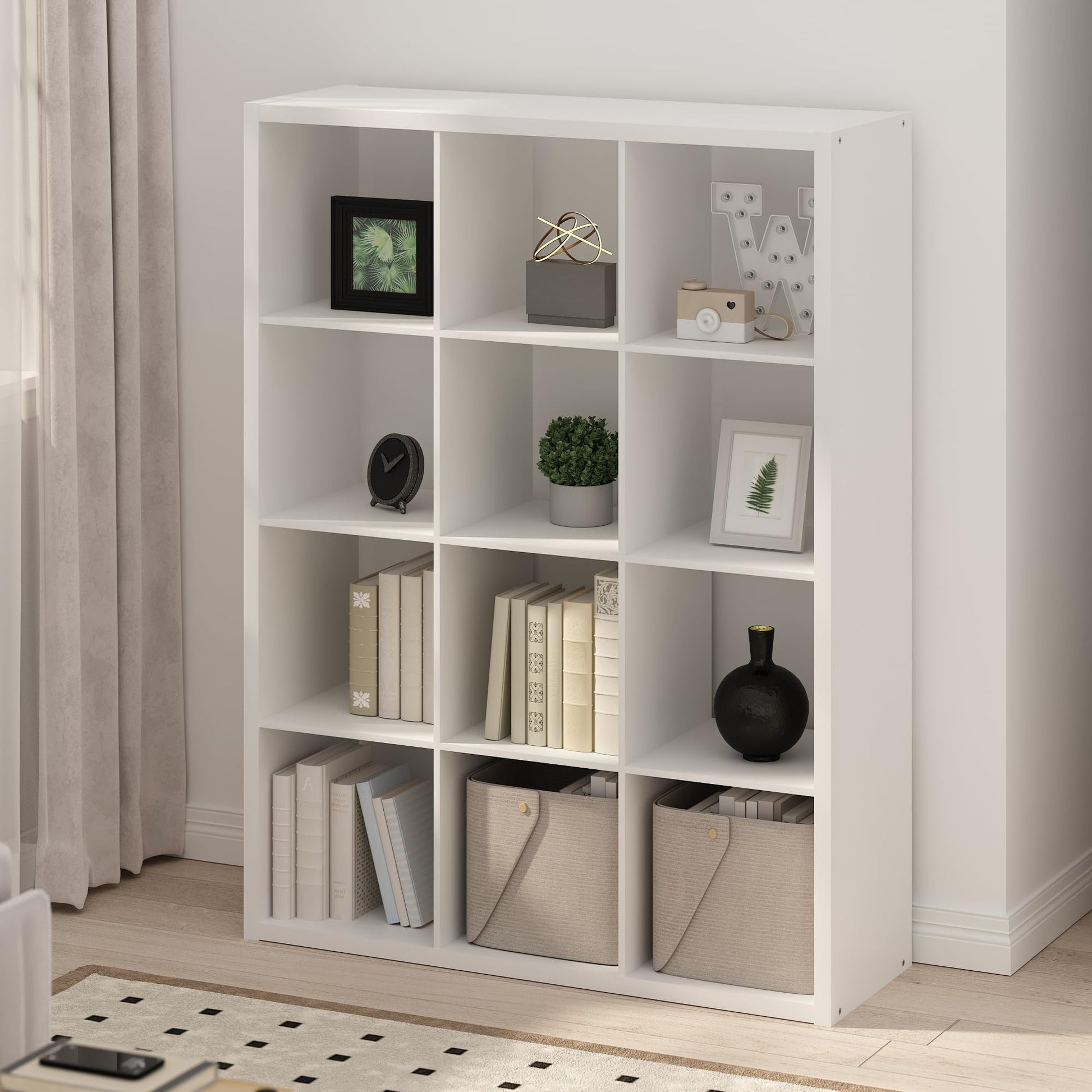 Furinno Simple 12-Cube Storage Organizer, Display Shelf, White