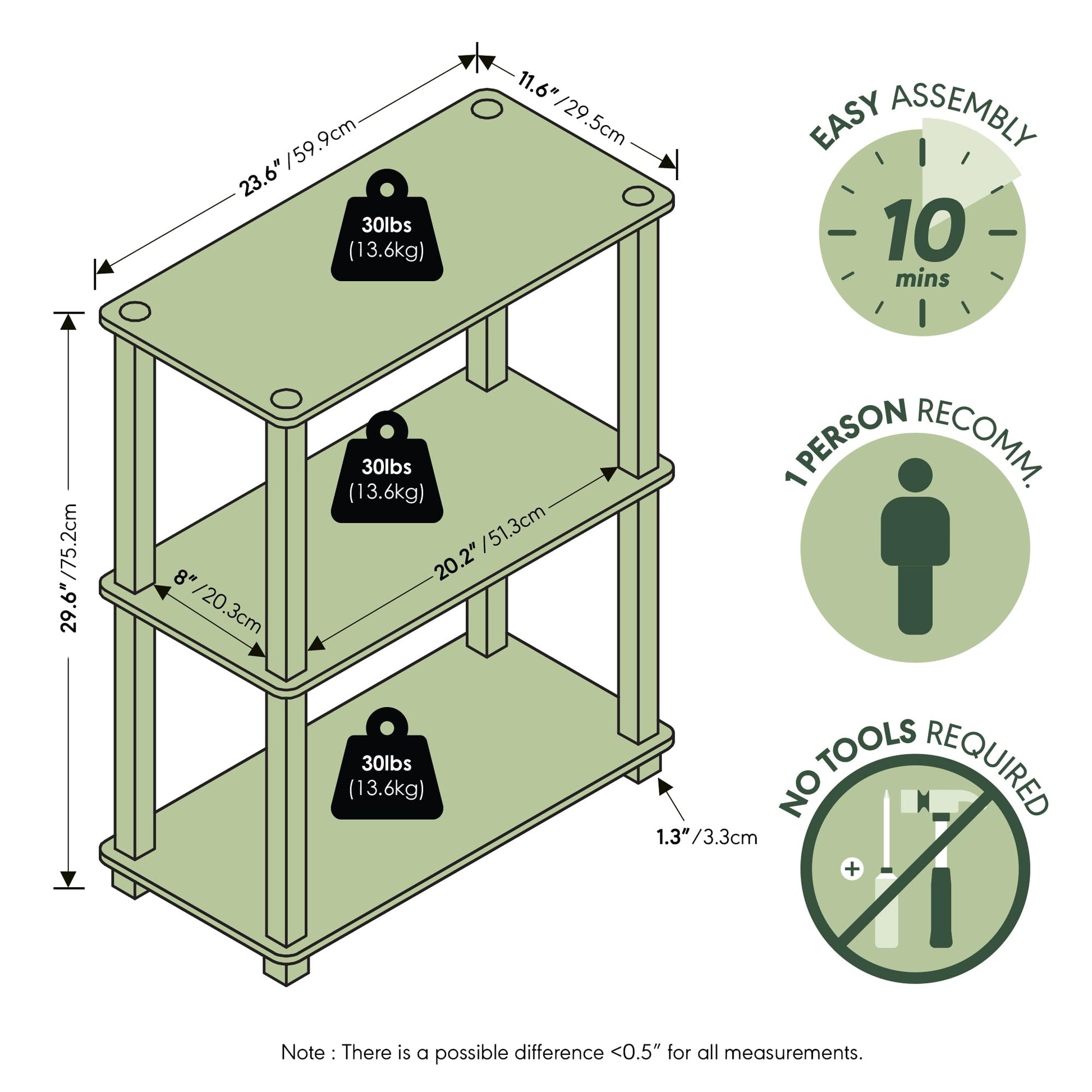 Furinno TURN-S-TUBE Storage Shelves Set of 2, 3-Tier Book Shelf, Corner Shelf, Toolless Open