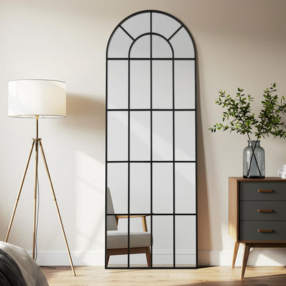 Arched Windowpane Mirror Full Length 71"x30" Wall Mounted Black Art Pane Farmhouse Decorative Floor Mirror Leaning Hanging Wall Mirror for Bedroom Living Room Entrance