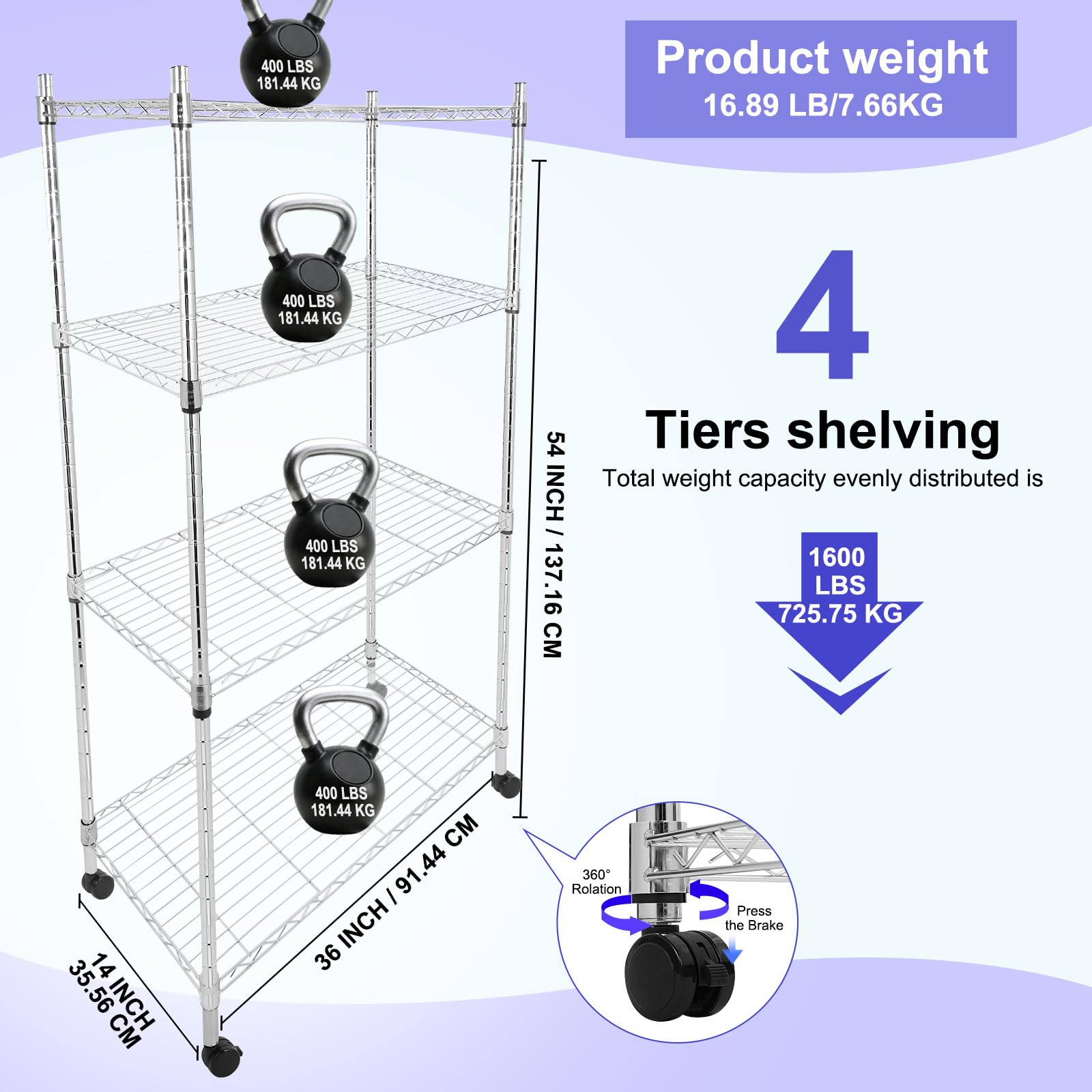 Whitmor 4 Tier Storage Shelves, Heavy Duty with Wheels, Adjustable Steel Organizer Wire Rack, 400