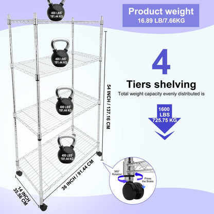 Whitmor 4 Tier Storage Shelves, Heavy Duty with Wheels, Adjustable Steel Organizer Wire Rack, 400