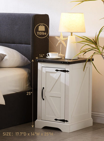 JXQTLINGMU Nightstand with Charging Station, Rectangular Farmhouse End Table with Barn Door and Adjustable Storage Shelf, 17" Deep Wood Rustic Sofa Side Table for Living Room, Bedroom, White