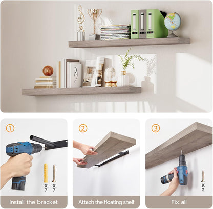 HOOBRO Floating Shelves, Wall Shelf Set of 2, 23.6 Inch Hanging Shelf with Invisible Brackets, for Wall Decor in Bathroom, Bedroom, Toilet, Kitchen, Living Room, Office, Greige BG60BJ01G1