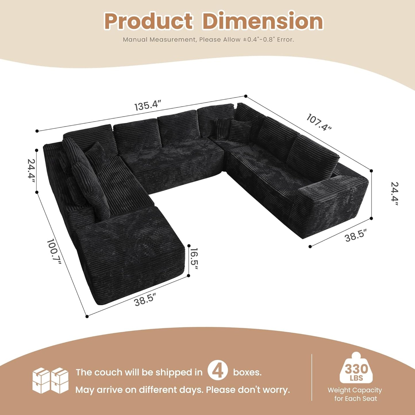 HOOOWOOO Cloud Sectional Couches for Living Room,Modular Sectional Sofa No Assembly,136X108 Inch Plush Corduroy Large U Shaped Floor Couch Set with Deep Seat Ottoman(Black)