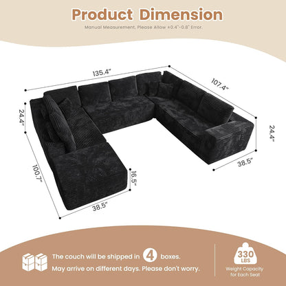HOOOWOOO Cloud Sectional Couches for Living Room,Modular Sectional Sofa No Assembly,136X108 Inch Plush Corduroy Large U Shaped Floor Couch Set with Deep Seat Ottoman(Black)