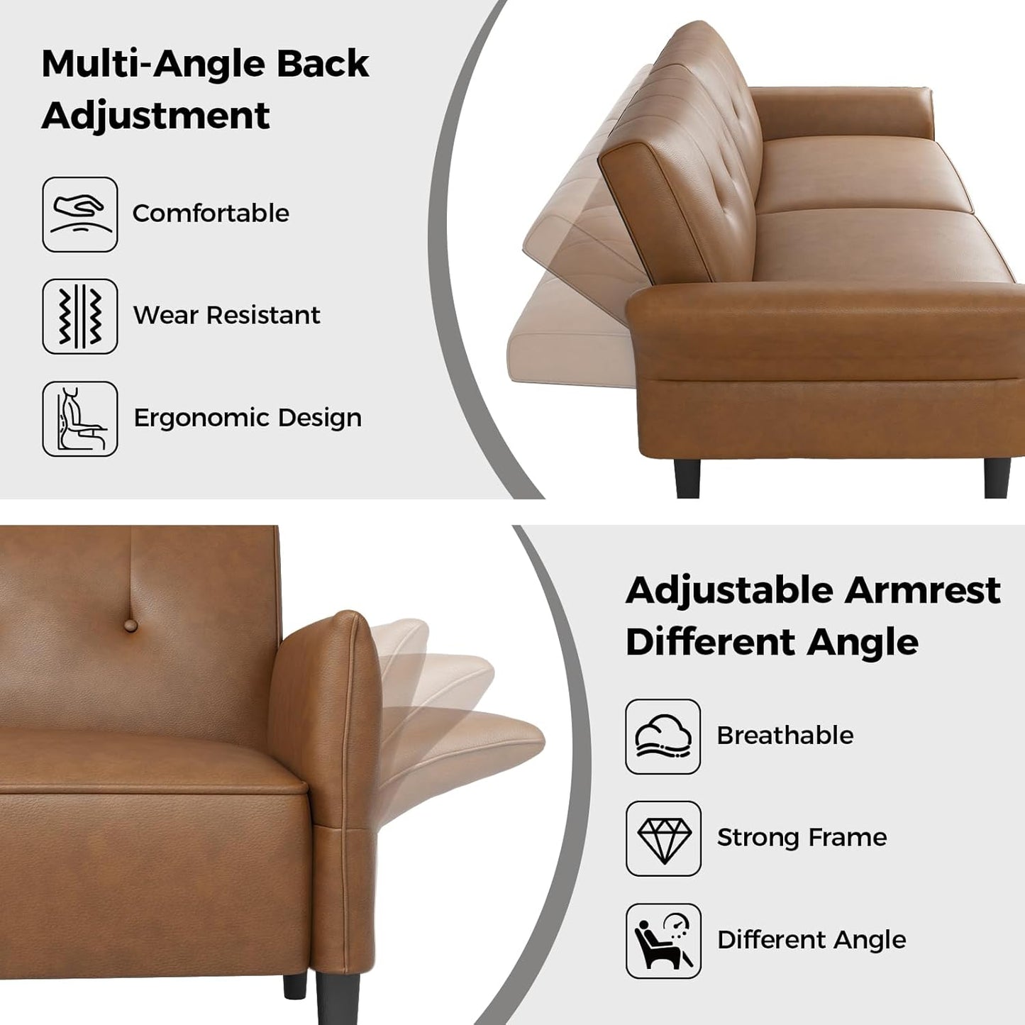 89” Futon Sofa Bed, Faux Leather Futon Couch Bed with 2 Square Pillows, Convertible Sleeper Sofa with Adjustable Backrest& Armrests, Modern Loveseat Sleeper for Living Room, Bedroom, Brown