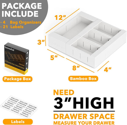 SpaceAid Bag Storage Organizer for Kitchen Drawer, Bamboo Organizer, Compatible with Gallon, Quart, Sandwich and Snack Variety Size Bag (4 Pack), White