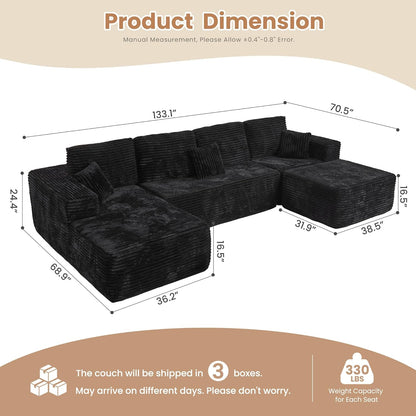 HOOOWOOO Cloud Sectional Couches for Living Room,Modular Sectional Sofa No Assembly,133X70 Inch Plush Corduroy Large U Shaped Floor Couch Set with Deep Seat Chaise Ottoman(Black)