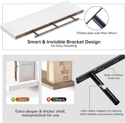 Fun Memories Floating Shelves - 12 Inch Rustic Wooden Wall Shelves - Extra Deeper & Thicker Wall Mounted Storage Shelf for Living Room, Kitchen, Farmhouse - 48" W x 12" D x 1.8" H - White