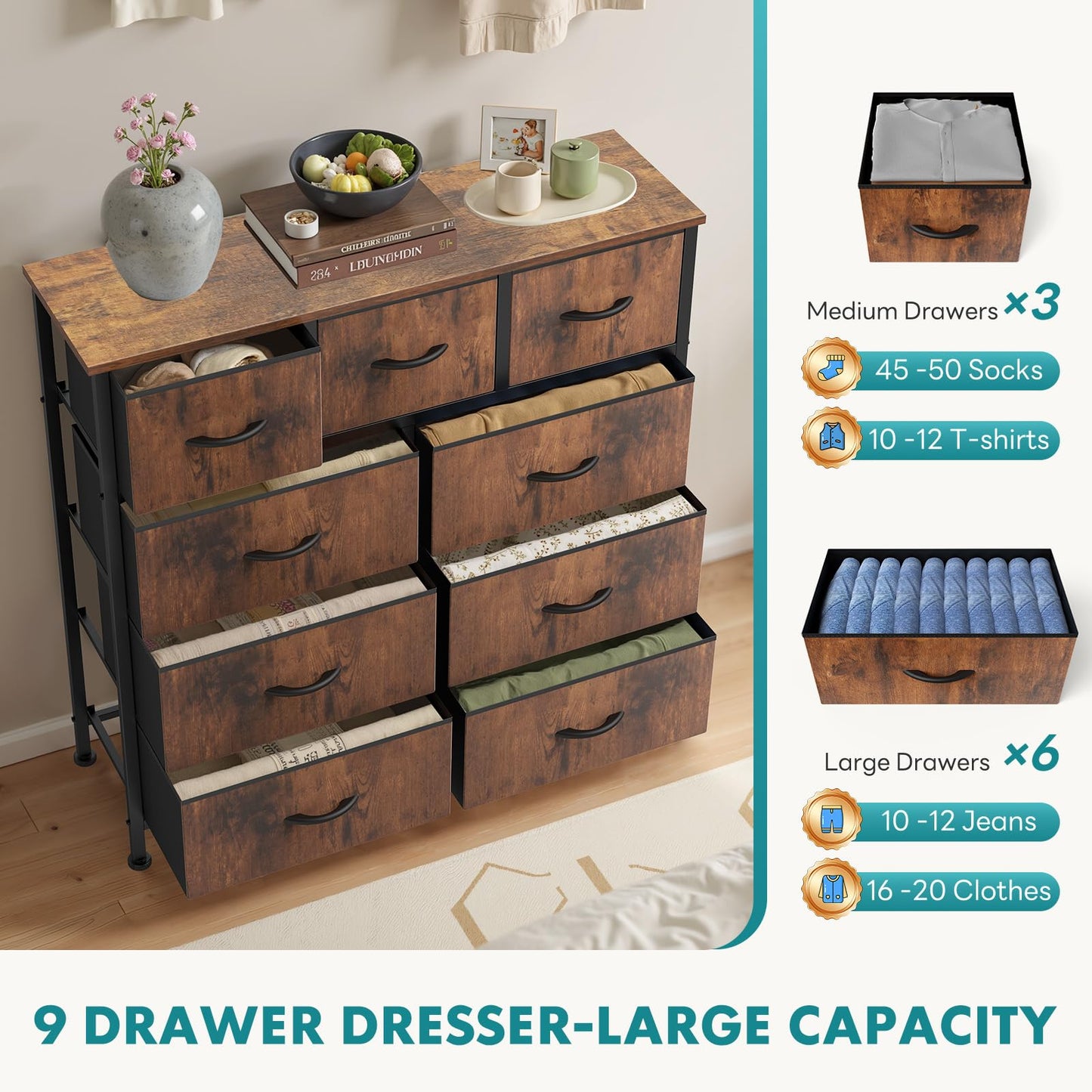 OLIXIS 9 Drawer Tall Dresser for Bedroom, Closet Organizers and Storage