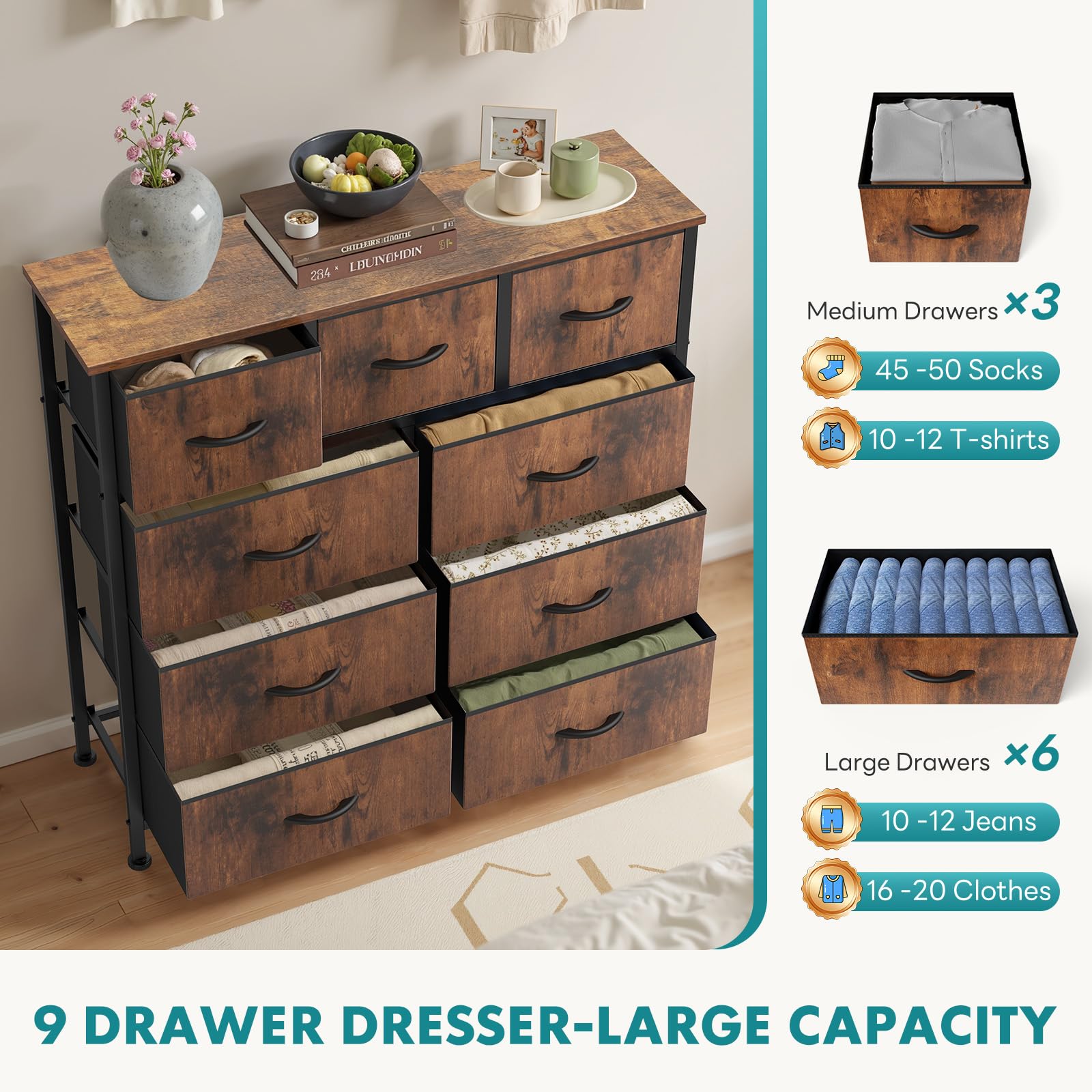 OLIXIS 9 Drawer Tall Dresser for Bedroom, Closet Organizers and Storage