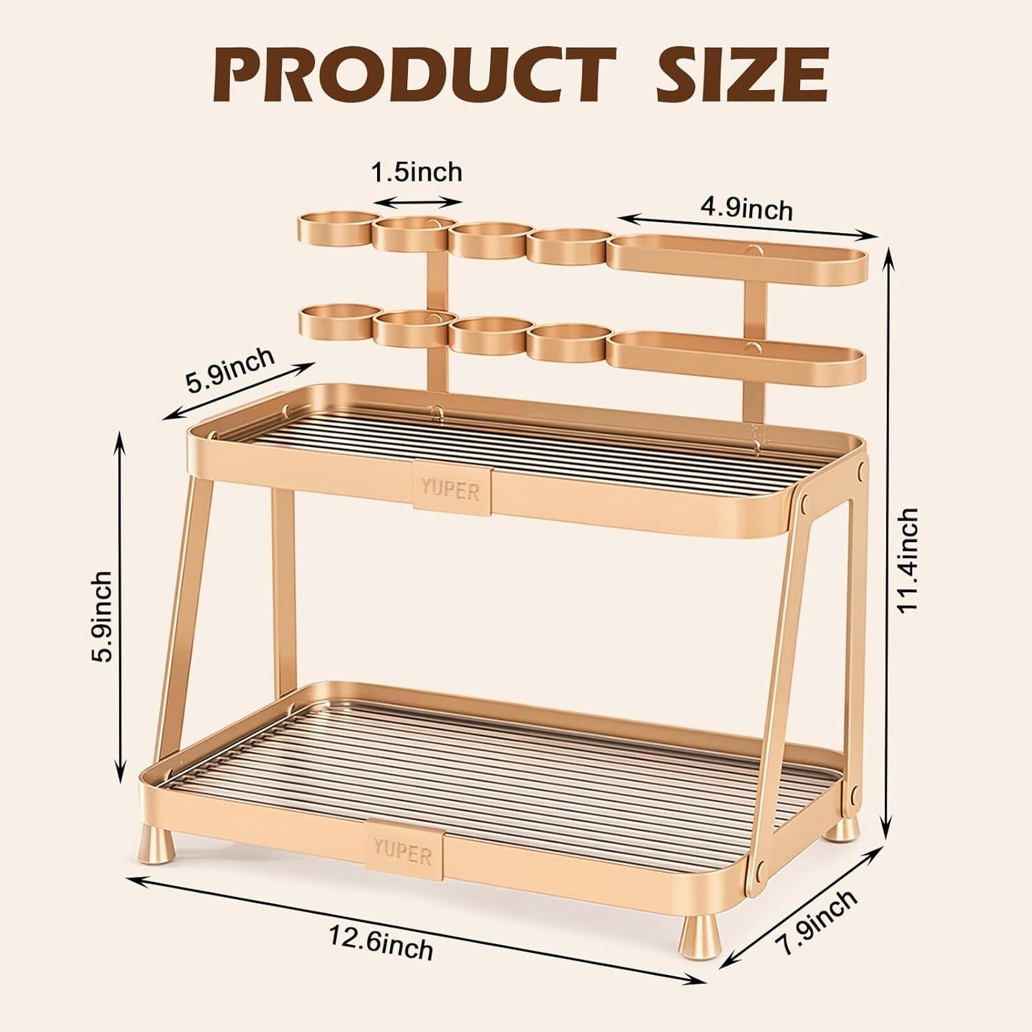 YUPER Bathroom Counter Organizer, 2-Tier Bathroom Organizer Countertop with Toothbrush Holder, Makeup Storage Shelf Vanity Tray Perfume Organizer, Bedroom Kicthen Counter Storage Sink Shelf Gold