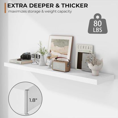 Fun Memories Floating Shelves - 12 Inch Rustic Wooden Wall Shelves - Extra Deeper & Thicker Wall Mounted Storage Shelf for Living Room, Kitchen, Farmhouse - 55" W x 12" D x 1.8" H - White
