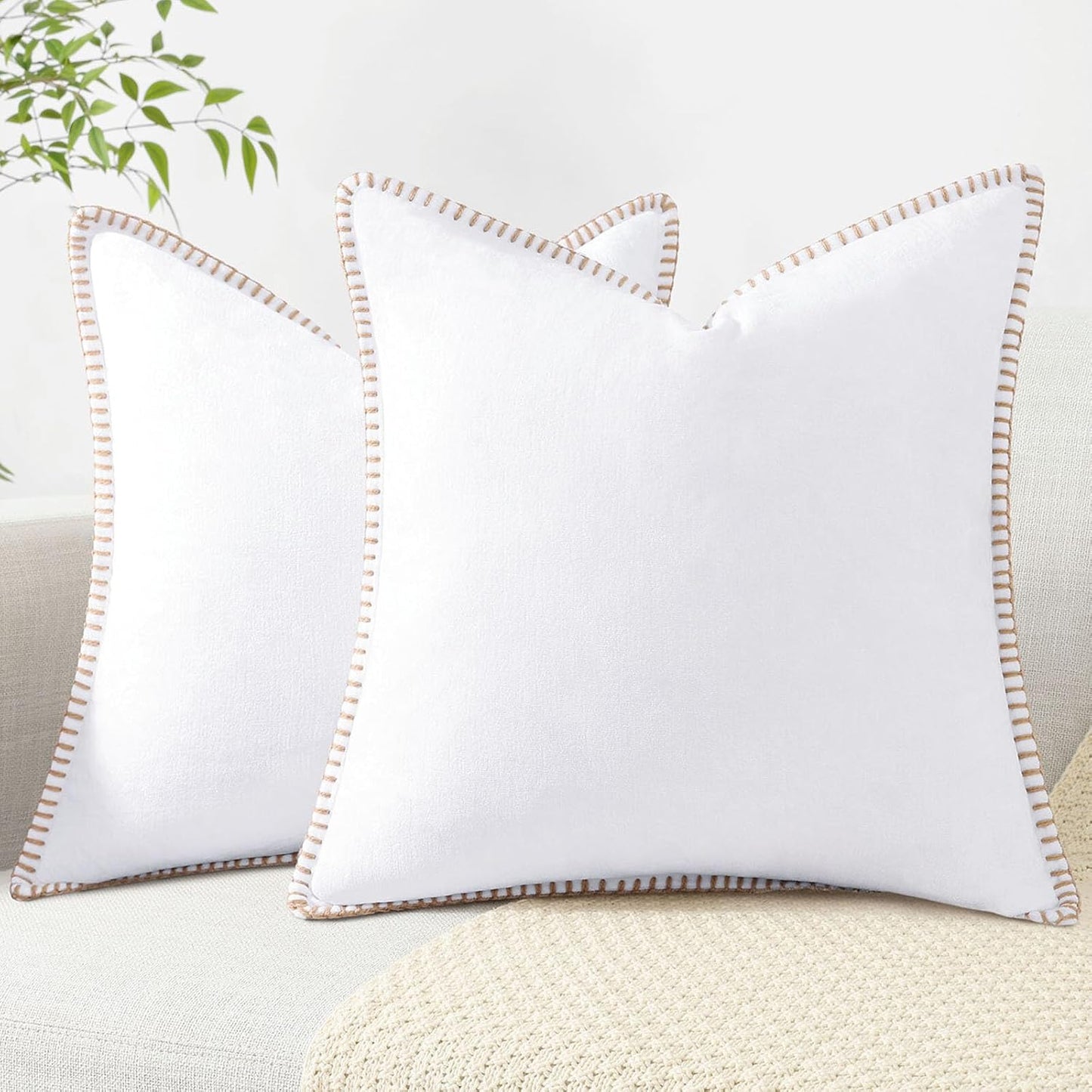 decorUhome Chenille Soft Throw Pillow Covers 16x16 Set of 2, Farmhouse Velvet Neutral Decorative Euro Pillow Covers with Stitched Edge for Couch Sofa Bed Home Decor, White