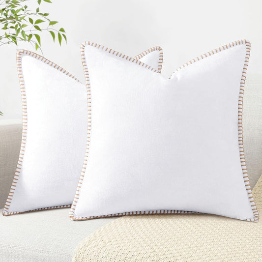 decorUhome Chenille Soft Throw Pillow Covers 24x24 Set of 2, Farmhouse Velvet Neutral Decorative Euro Pillow Covers with Stitched Edge for Couch Sofa Bed Home Decor, White
