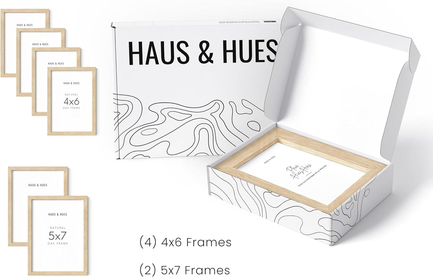 HAUS AND HUES Natural Oak Wood Gallery Wall Tabletop Frames Made with Real American Oak and Shatter-free Plexiglass - Set of 6 (Four 4x6, Two 5x7, Framed Beige)