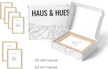 HAUS AND HUES Natural Oak Wood Gallery Wall Tabletop Frames Made with Real American Oak and Shatter-free Plexiglass - Set of 6 (Four 4x6, Two 5x7, Framed Beige)
