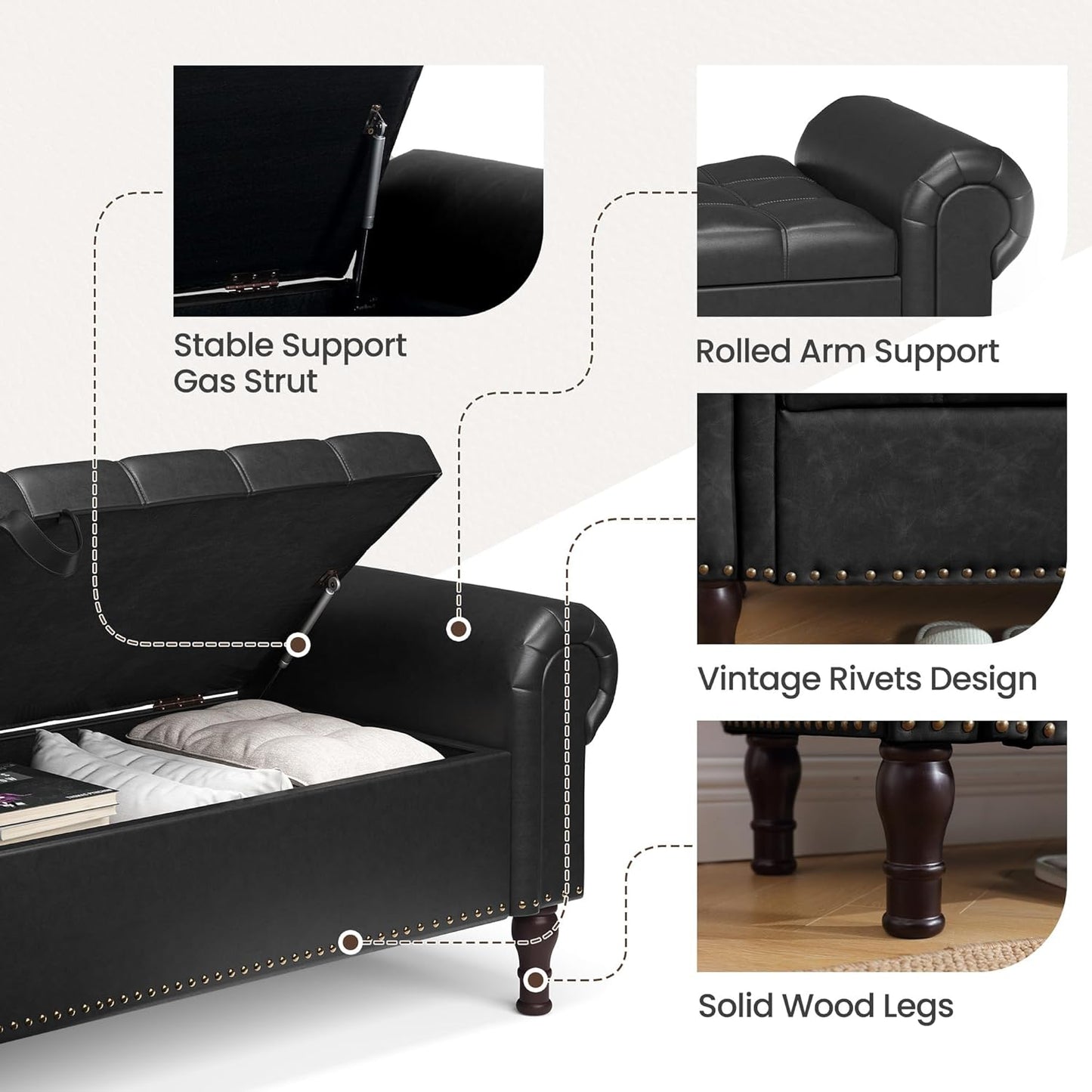 Storage Ottoman Bench for Bedroom, 51" Upholstered Bedroom Bench with Rolled Arms and Vintage Rivets, Large Storage Chest for Living Room, Bedroom, Entryway, Black