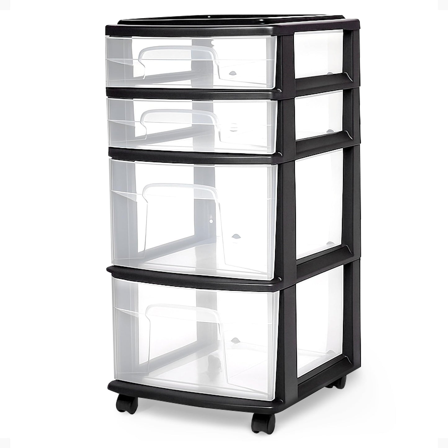 HOMZ Drawer Tower, 4-Tier Clear Plastic Storage Organizer Cart, Black Frame - Rolling Drawers with
