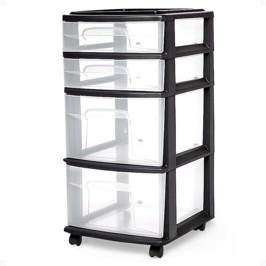 HOMZ Drawer Tower, 4-Tier Clear Plastic Storage Organizer Cart, Black Frame - Rolling Drawers with