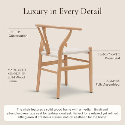 POLY & BARK Weave Dining Chairs – Mid-Century Modern Wishbone Dining Chairs with Arms, Solid Wood Frame, Indoor Use – Natural – Set of 2 - Ideal for Dining Room, Kitchen or Stylish Accent Setting