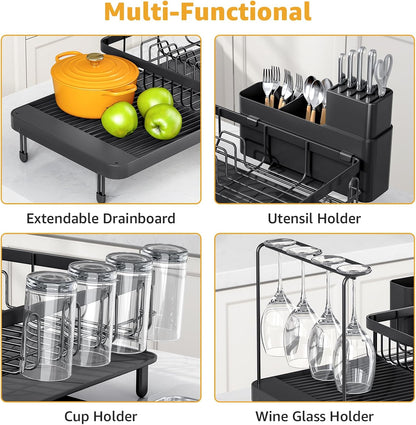 Dish Drying Rack for Kitchen Counter, Expandable Large Capacity Dish Rack with Drainboard, Wine Glasses Holder, Space Saving Organizer, Black