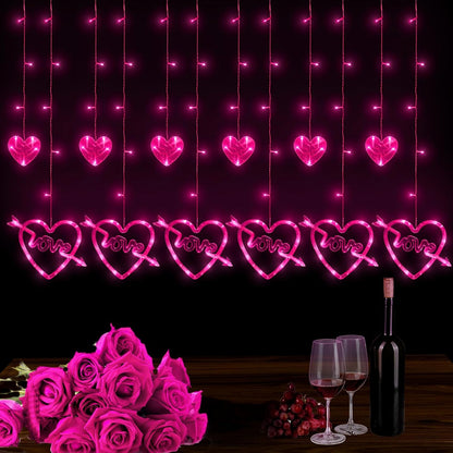 Valentines Day Decor, 138LED Love Heart Curtain Lights with Remote 8 Modes for Bedroom, USB and Battery Powered Valentines Lights for Wedding Birthday Anniversaries Party Decor (Pink)