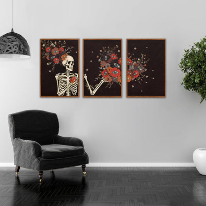 KAIRNE Gothic Skull Wall Art,Halloween Skeleton Canvas Set of 3(16”x24”),Scary Skull Painting,Horror Floral Botanical Prints,Romantic Spooky Halloween Wall Art for Living Room Bedroom Goth Party Decor
