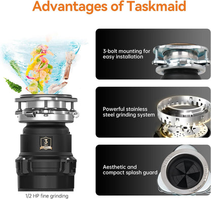 1/2 HP Garbage Disposal, TECASA Food Garbage Disposal with Power Cord, Stainless Steel Grinding System and 3-Bolt Mounting, Continuous Feed Compact Garbage Disposals, UL Certified, Taskmaid Series 50