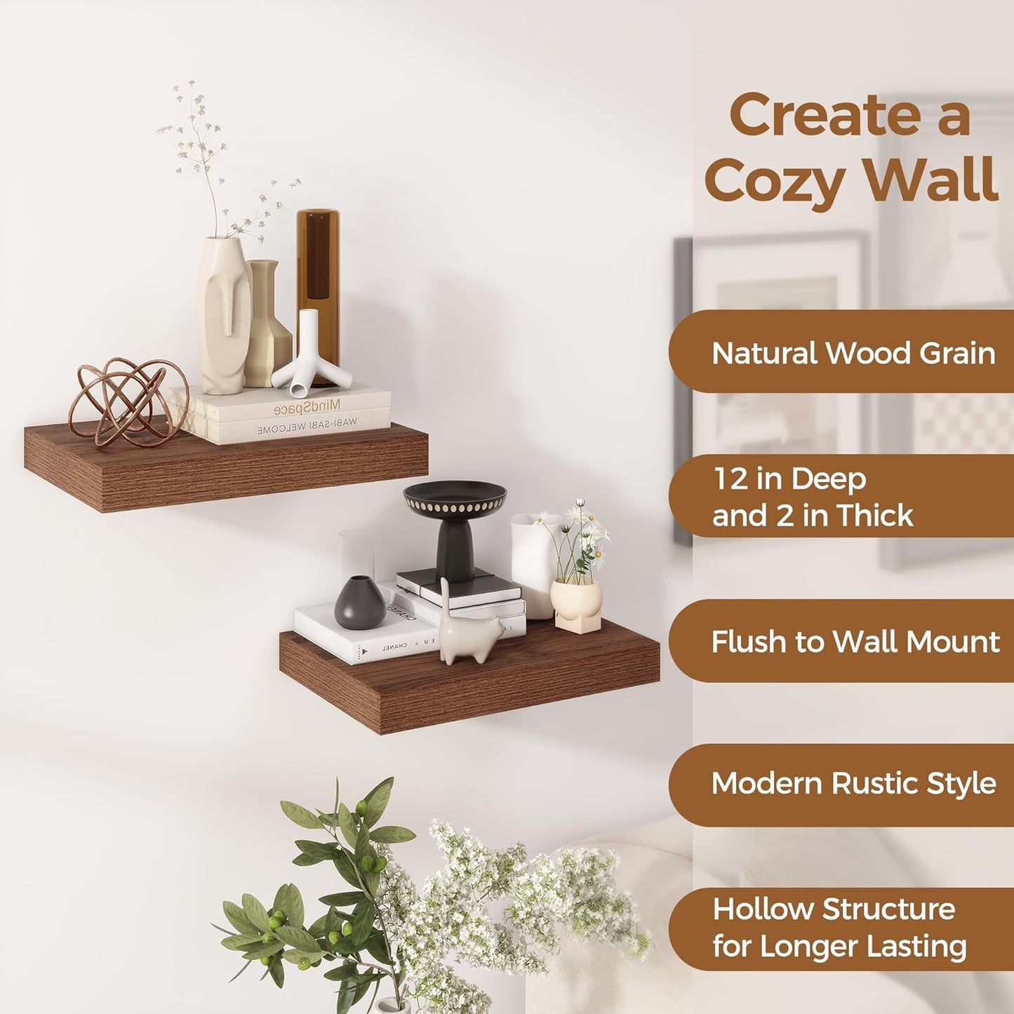 12 Inch Deep Floating Shelves, 16 x 12 Floating Shelf for Books, Rustic Wood Deep Wall Shelves for Home Storage & Display, 2" Thicked Shelves for Kitchen, Living Room, Bedroom, Walnut Color, 2 Pack