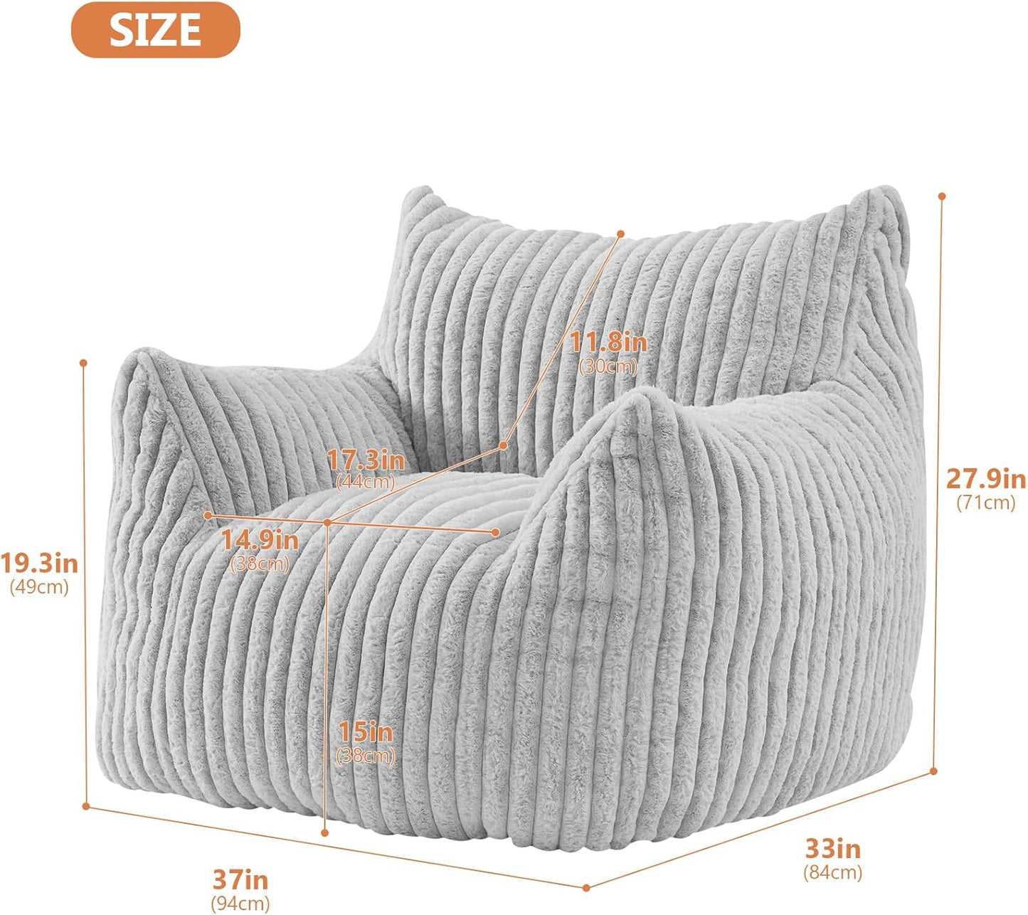 Giant Bean Bag Chairs for Adults with Filling Plush Fluffy Bean Bag Chairs for Teens with Armrests Comfy BeanBag Lazy Couch Sofa Chair for Bedroom Living Room Reading
