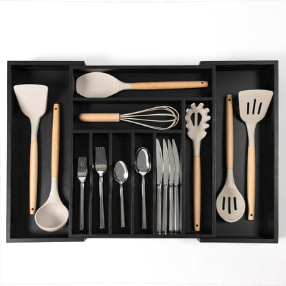 Premium Silverware, Flatware and Utensil Organizer for Kitchen Drawers, Food-Safe Contract Grade, Expandable from 14.5 to 25 In, Black Bamboo