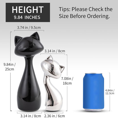 Ceramic Cat Statue Set, Black & Silver Cute Home Decor Figurines, Lucky Cats Desk Accessories for Cat Lovers, Memorial Cats Themed, Modern Collectible Decor for Bookshelf, Living Room