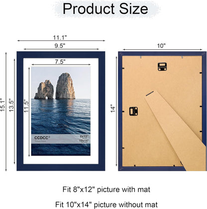 10x14 Picture Frame Set of 4, 10 x 14 Wood Photo Frames with Mat for 8x12 or 30x40cm Diamond Painting Art, Wooden Frame with Real Glass Cover for Wall and Tabletop Display,Blue